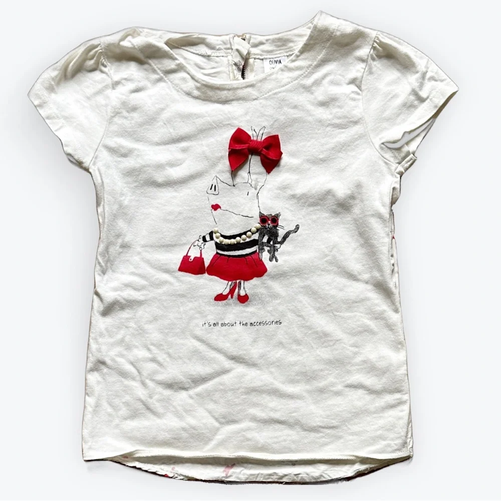 Olivia Shirt w/ Pearl Necklace Bow Handbag Fun Accessories Pig ~ Little Girl’s 8